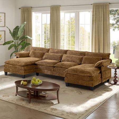 JONPONY 109" Modular Sectional Sofa,Boucle Couch Set,U-Shaped Sleeper Sofa for Living Room,Brown