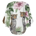 thumbnail image 6 of Leopards Tropical Flowers Paradise Art Women's V-Neck Blouse With 3/4 Ruffled Bell Sleeves Casual Top Ladies Blouses, 6 of 7