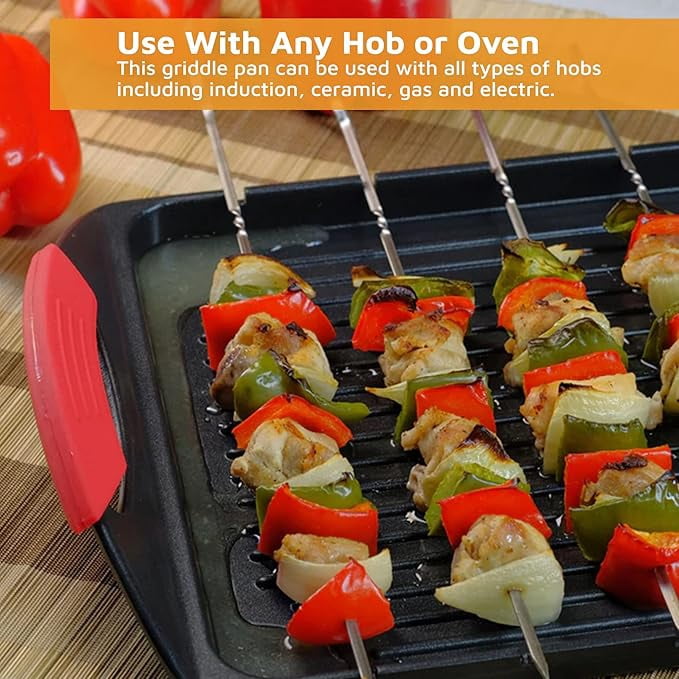 Jean-Patrique Stove Top Griddle with Handles + 6 Stainless Steel Skewers - Cast Aluminum Flat Top Griddle with Metal Skewers for Grilling