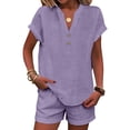 thumbnail image 4 of NMMUED Women 2 Piece Linen Short Sets 2026 Summer Vacation V Neck Short Sleeve Beach Outfits Button Casual Suits Matching Sets Summer Purple S, 4 of 5
