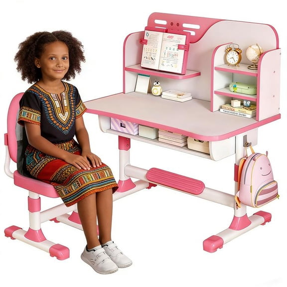 YNCE Talent Star Kids Desk and Chair Set,Adjustable Girls School Writing Study Table,Ergonomic Desk Chair with Large Writing Board Pull Out Drawer Book Stand