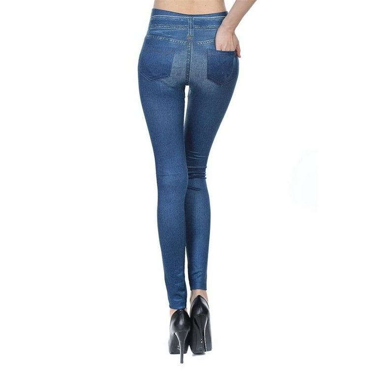 Clearance Women's Denim Print Fake Jeans Look Like Leggings Seamles  Stretchy High Waist Slim Skinny Jeggings with Pockets Full Length 