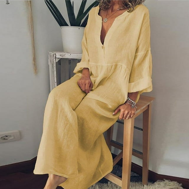 JUNWELL Robe Chemise Décontractée de Vacances Femme Couleur Unie Manches Longues Col en V Ample Coton Lin Robe Midi Été Mince Fin de Semaine Robes de Rue