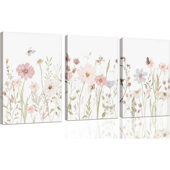 Hieng 3Pcs Watercolor Wildflower Wall Art Botanical Nursery Canvas Prints Vintage Floral Pictures Flower Paintings Girls Nursery Pictures Pink Wall Decor for Living Room Bedroom Unframed