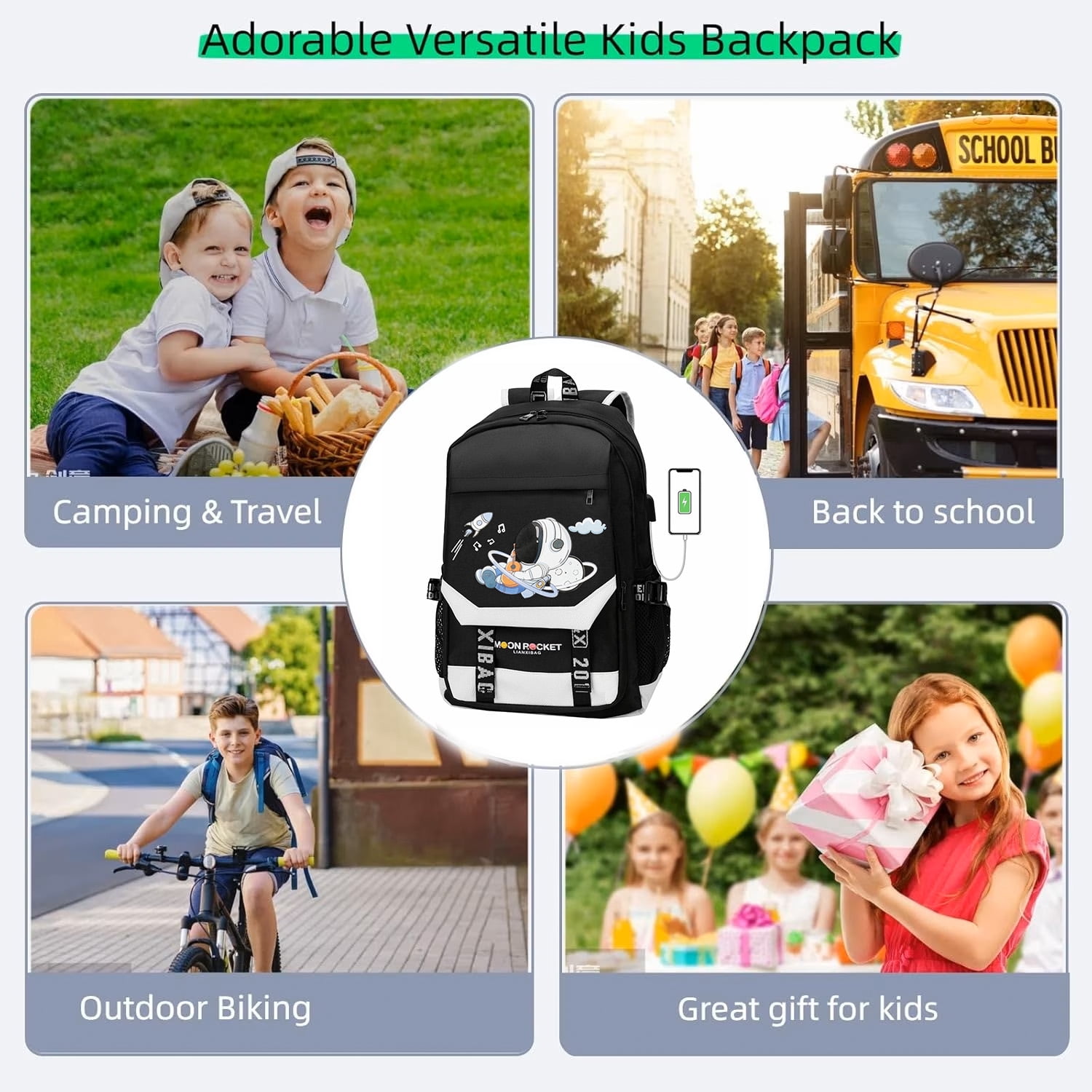 Lvelia Boys School Backpacks for Kids, Fashion Large Capacity School Bag,Waterproof Bookbags with USB Charge Port,Spaceman Printed Black