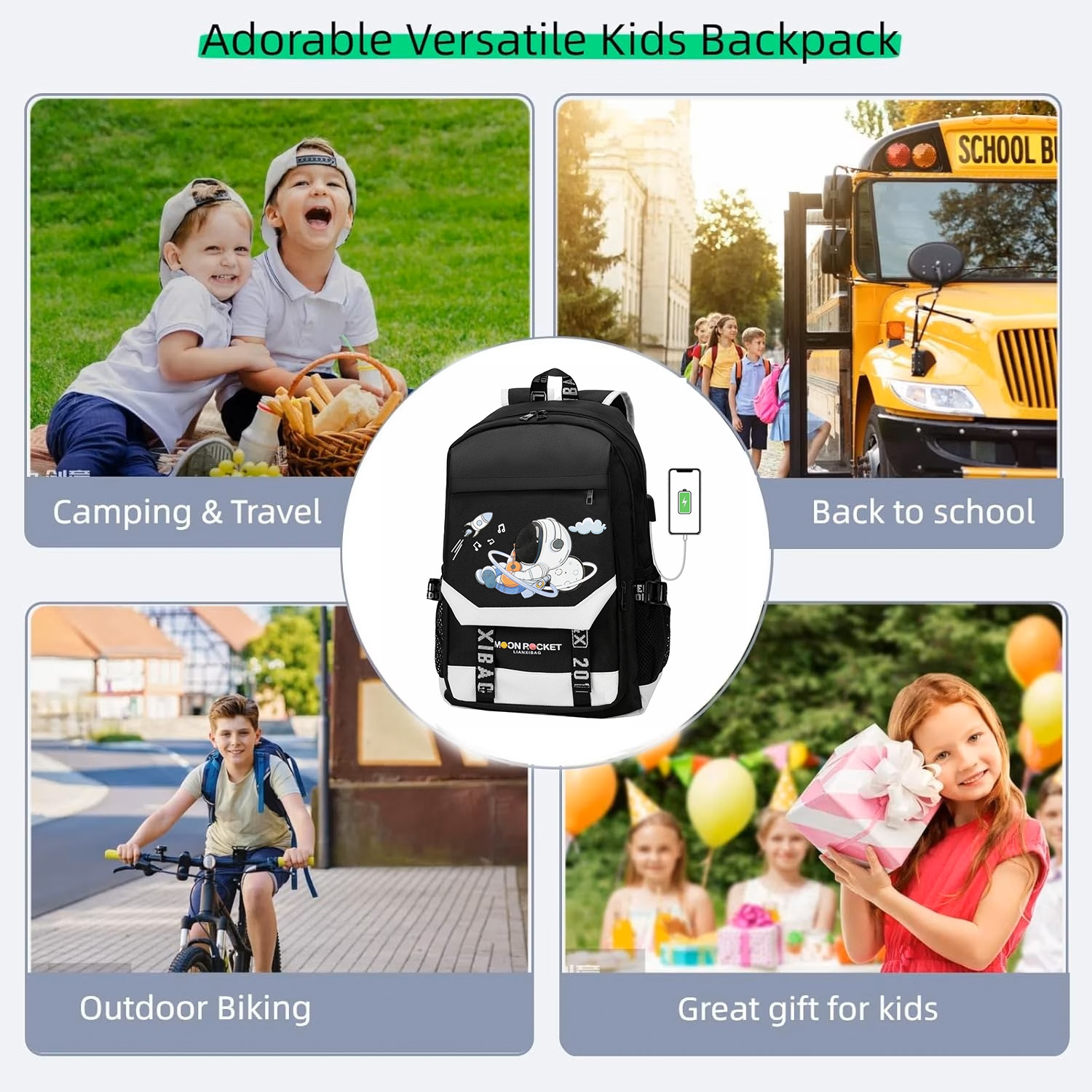 Mochilas escolares para niños, bolso escolar de moda de gran capacidad, impermeable con puerto de carga USB, estampado de astronauta en negro 2