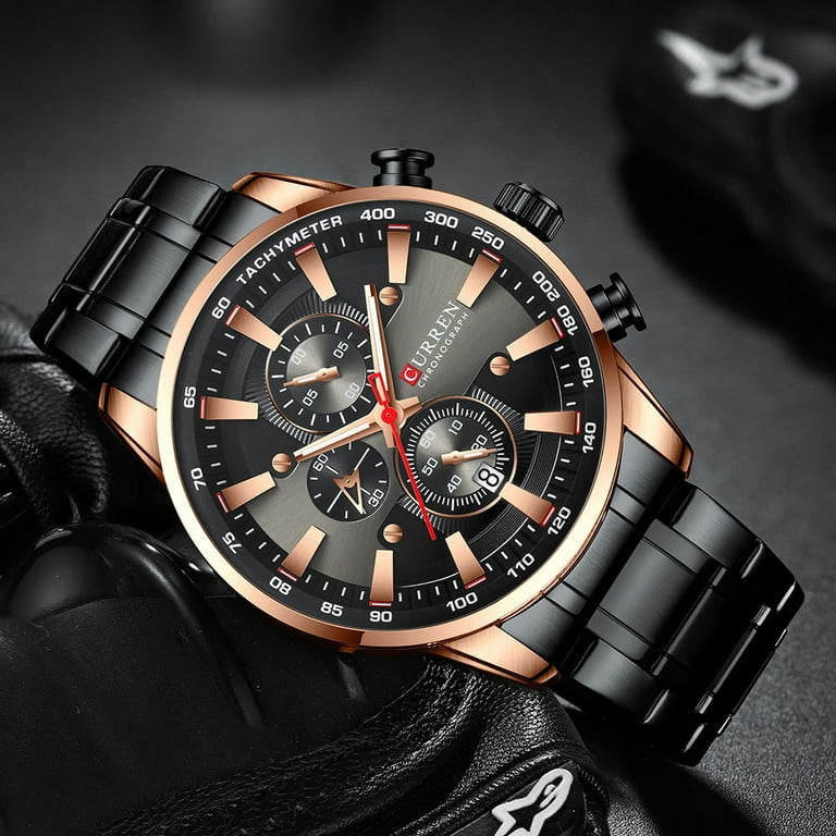 CURREN 8351 Men Black Luxury Chronograph Quartz Watch Waterproof