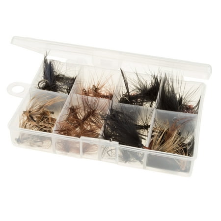 Fly Fishing Lures- 50 Piece Natural Assorted Dry Insect Flies, Fishing Equipment for Catch and Release in Organizer Tool Box by Wakeman