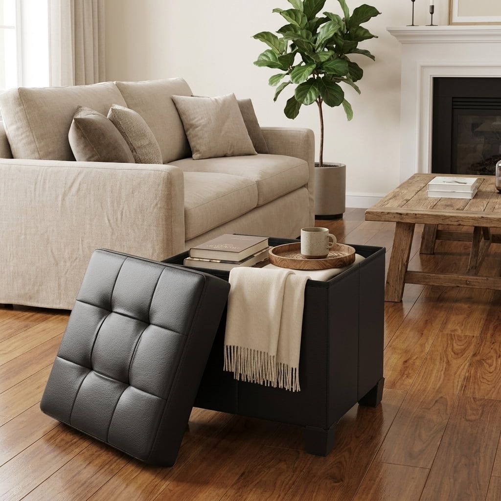 Ledrem Ink Black Foldable Storage Ottoman Footrest with 660 lb Capacity