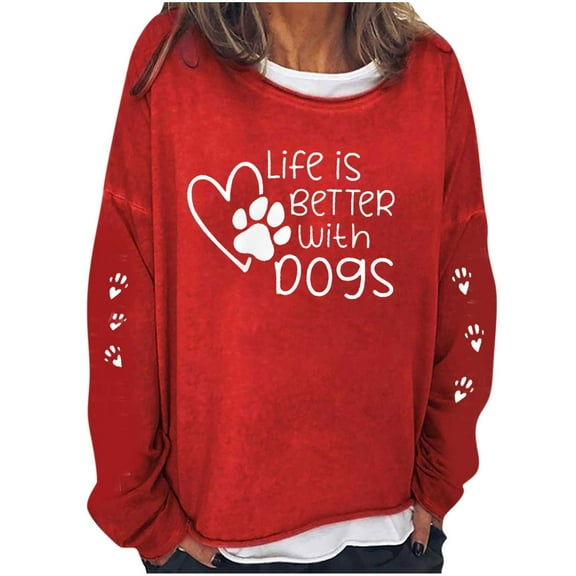 Graphic Sweatshirts for Women Crew Neck Fashion Printed Casual Long Sleeve Workout Loose Tops Lightweight Pullover(Red,XL)
