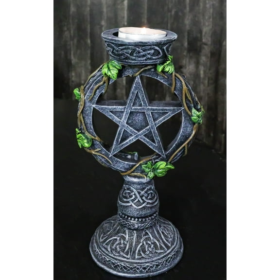 Wicca Pentagram Star In Circle With Celtic Knotwork Ivy Vine Votive Candleholder