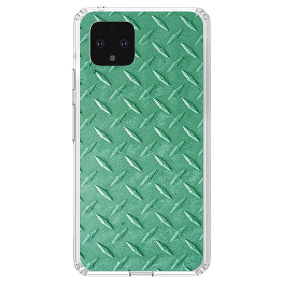 DistinctInk Clear Shockproof Hybrid Case for Google Pixel 4 (5.7" Screen) - TPU Bumper, Acrylic Back, Tempered Glass Screen Protector - Green Diamond Plate Steel Image Print - Printed Diamond Plate