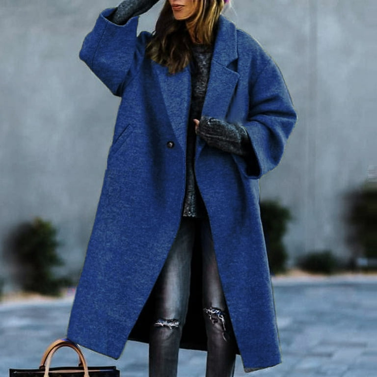 skpabo Winter Coats for Women Open Front Lapel Notched Collar Long Trench  Pea Coat with Pockets Oversized Knit Long Cardigan Jacket Button Fall