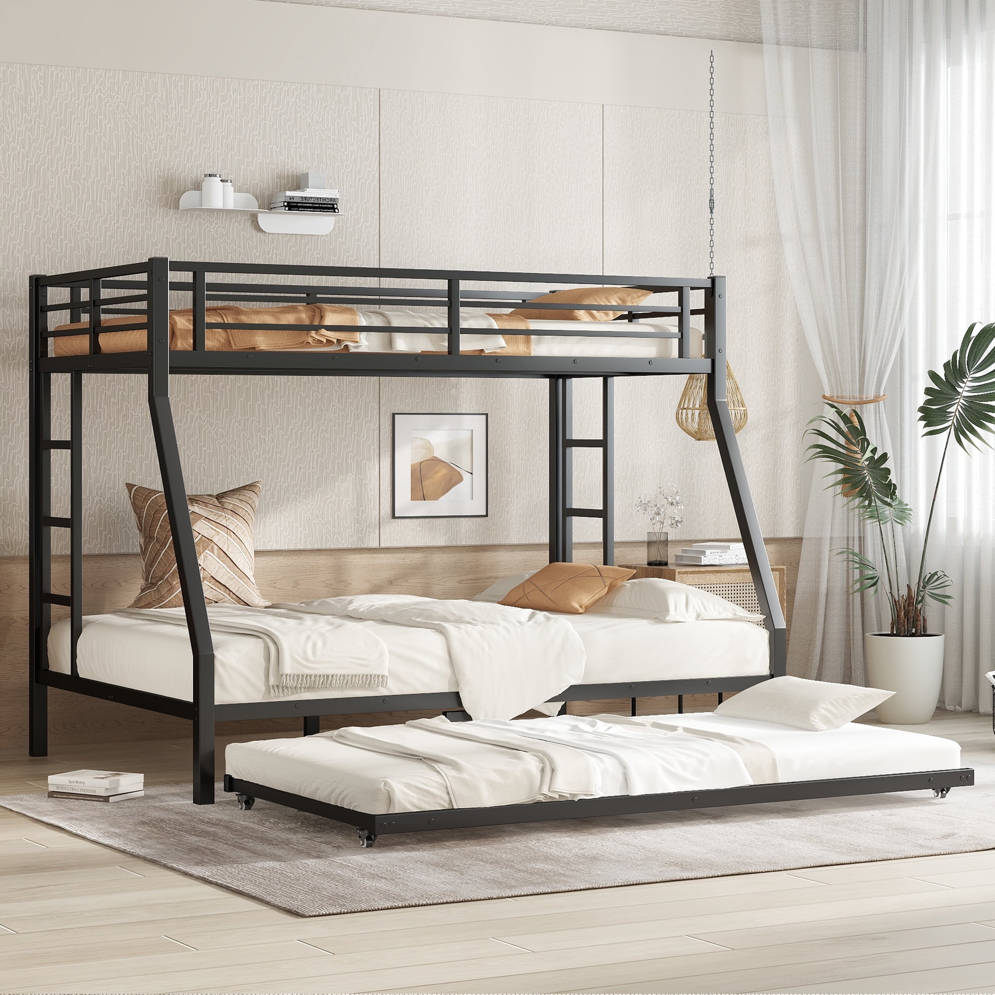Leumius Metal Bunk Bed with Trundle,Twin over Full Bunk Bed with with Ladder & Guardrails,Heavy-Duty Bunk Bed Frame for Kids/Teens/Adults,Space-Saving/Noise Reduced/No Box Spring Needed,Black