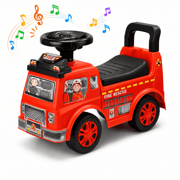 JoyStone Toddler Fire Truck Ride-On Car, Foot-to-Floor Push Car with Music & Sound Effects, Under Seat Storage, Indoor Outdoor Riding Toy for Kids, Red