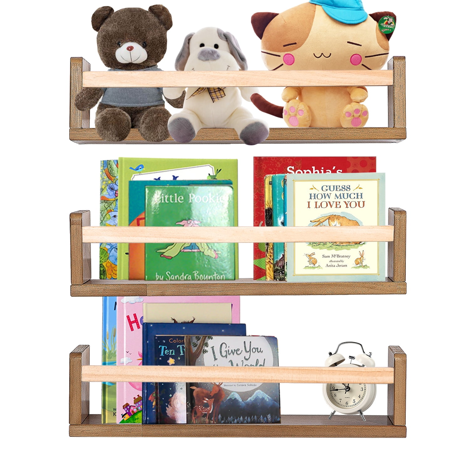 Light Walnut Nursery Wall Shelves Floating Bookshelves for Baby and