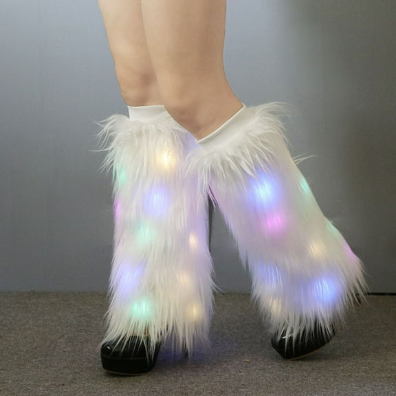 AYYUFE 1 Pair Faux Fur Leg Warmers with Light Women Stage Performance High Tube Plush Socks for Party