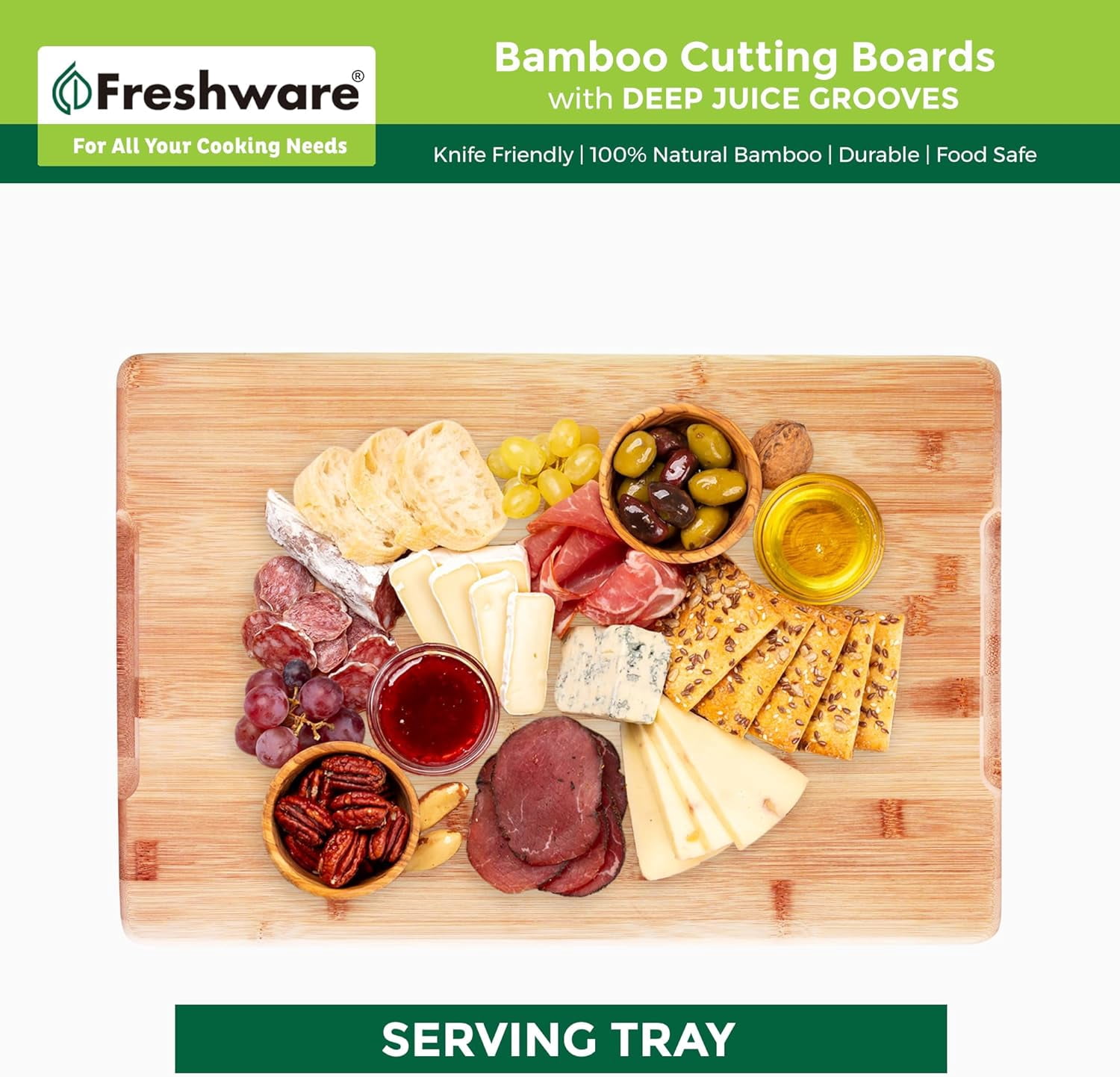 Freshware Wood Cutting Boards - Bamboo Set with Juice Grooves and Easy Grip Handle, 3 Sizes 9x6, 12x8, 15x10