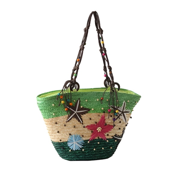 GASTROPOD Bohemian Hand-Embroidered Starfish Straw Bag Beaded Women Woven Handbag Beaded Purses(Green)