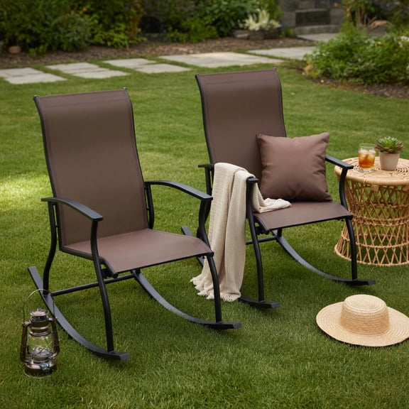 Demi Bonn 2 Pieces Outdoor Rocking Chairs with Breathable Backrest, Patio Accent Furniture Lounge Chairs for Yard, Garden, Brown