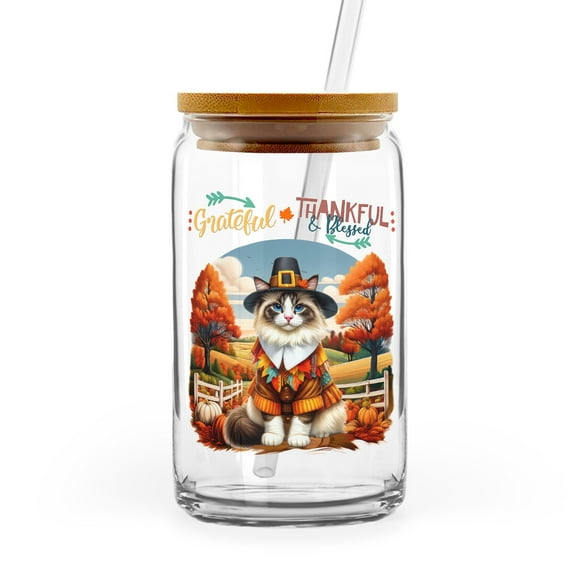 Thanksgiving Ragdoll Pilgrim Grateful, Thankful, Blessed Fall Welcome 16oz Glass Cup Mug Cat Lover Kitten Owner Gifts Idea Glass Can with Bamboo Lid and Straw - 00021