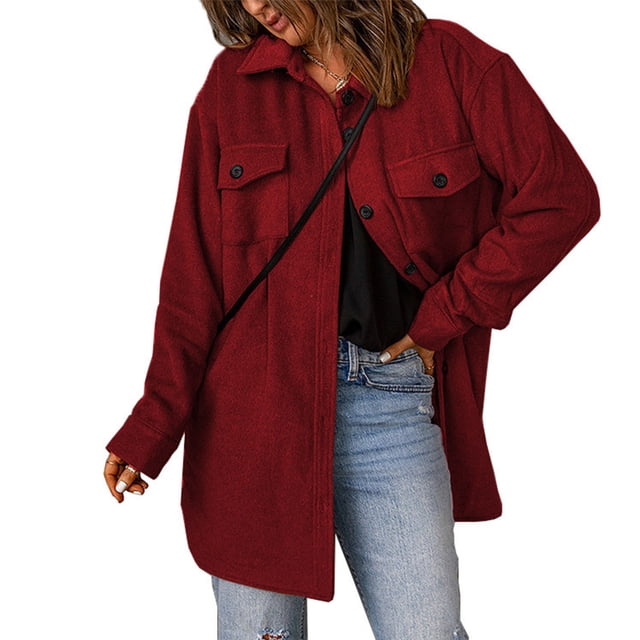 Abrigo Color Sólido Solapa De Un Solo Pecho Mangas Largas Casual Suelta Camisa Cómoda Chaqueta Vino Rojo M