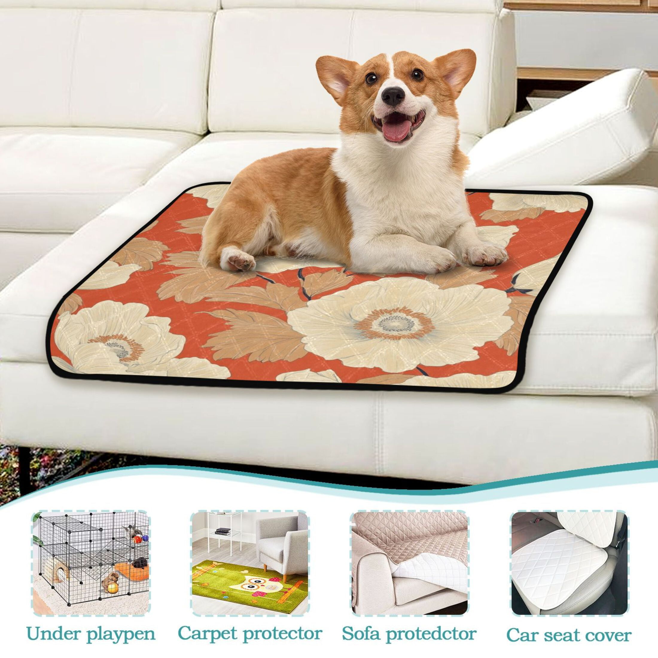 Qxltty White Flowers Orange Pattern Cat litter Pads Pet Set of 3 Diaper Mats Center Anti-leakage Layer Absorbent Soft and Comfortable