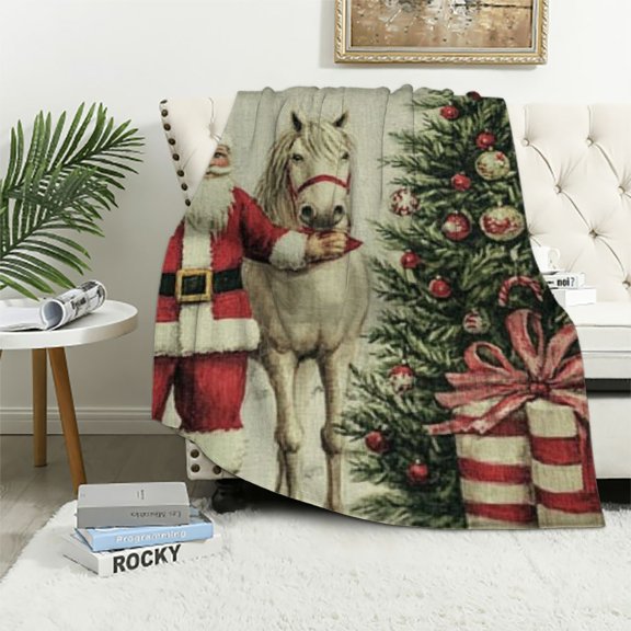 Pratyus Santa Clause Christmas Tree Horse Flannel Throw Blanket for Couch Sofa Bed, Christmas Home Decor Exquisite Gifts for All Seasons 40x50in