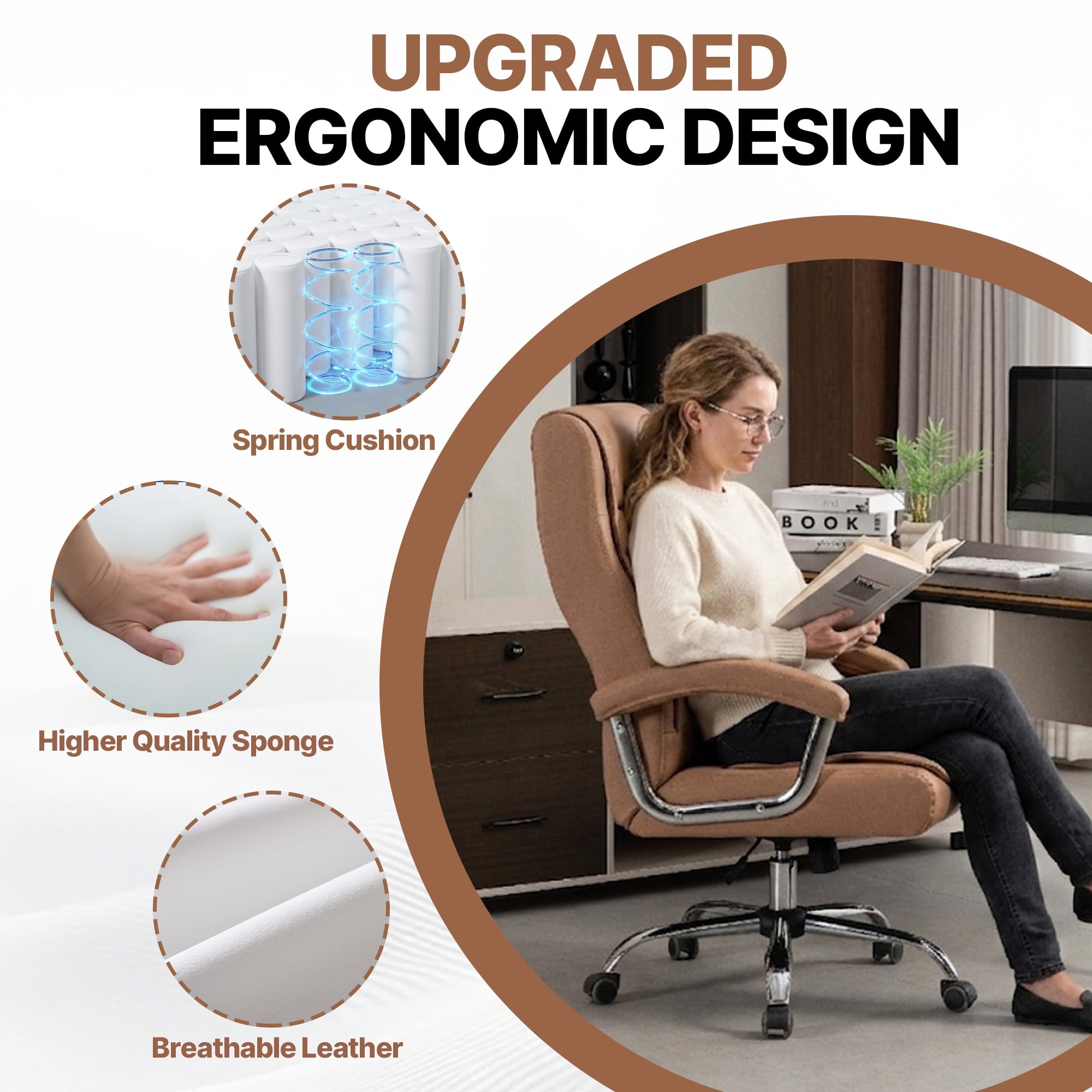 MOONMISS Executive Office Chair Adjustable Leather Chair High Back Swivel Office Desk Chair with Padded Armrest for Home Office,Camel
