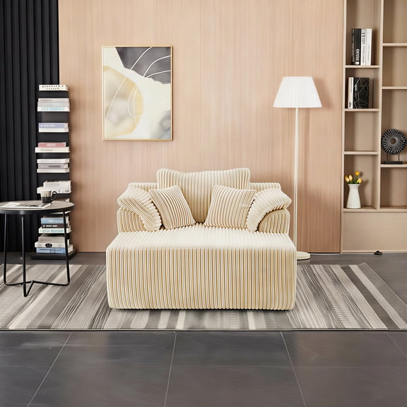 60Inch Chaise Lounge Chair Indoor, Oversized Corduroy Upholstered Boneless Sofa Bed, Deep Seat Sleeper Couch Reading Chairs, Cloud Sofas Couches for Living Room, No Assembly Required (Beig