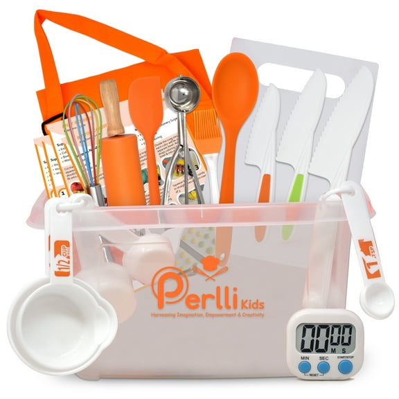 PERLLI 31-Pc Junior Chef Cooking Set for Kids Kitchen Playset with Container, Orange