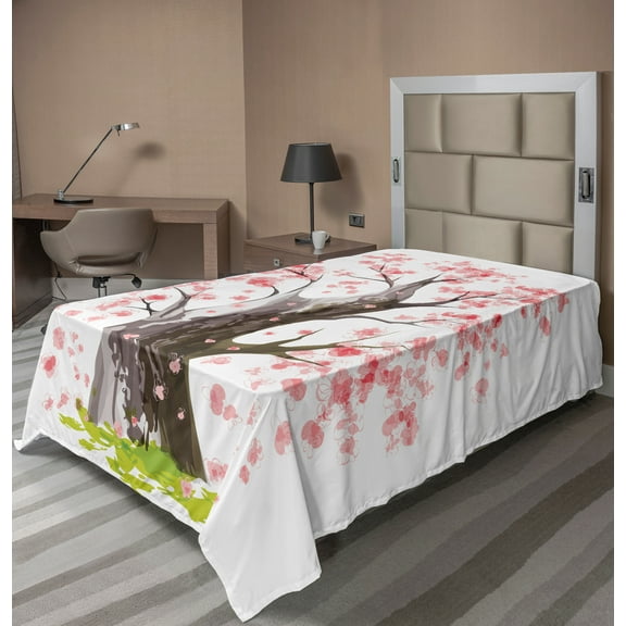 Ambesonne Tree Flat Sheet, Blooming Sakura and Mountain, TwinXL Size, Pink Black Green