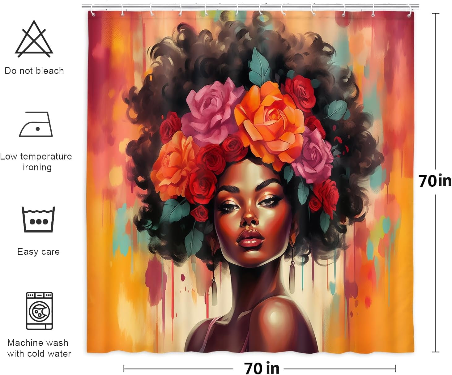 Black Girl Shower Curtain, Retro African American Colorful Floral Red Rose Black Woman Bathroom Decor, Oil Painting Aesthetics Flower Fabric Afro Lady Bath Shower Curatin Set with 12 Hooks, 72X72in