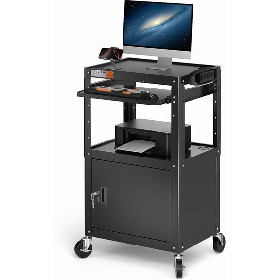 POCHAR Steel AV Cart with Locking Cabinet - Adjustable Height Media Carts with Wheels, Pullout Tray, Power Strip for Mobile Work Station - Rolling Computer Cart for Office Classroom Presentation