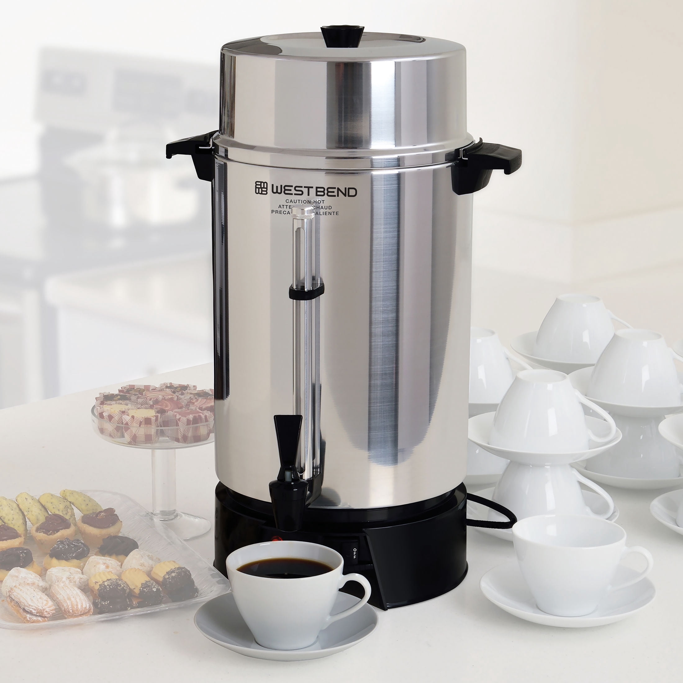 West Bend Coffee Urn Large Capacity Coffee Maker with Automatic Temperature Control, 100 Cup, in Silver