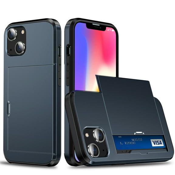 Compatible with iPhone 14 Case Wallet with Slide Card Holder Slot Slim Dual Layer Heavy Duty Shockproof Hard PC Hybrid TPU Phone Case Flip Protective Cover for iPhone 14 - 6.1", Darkblue