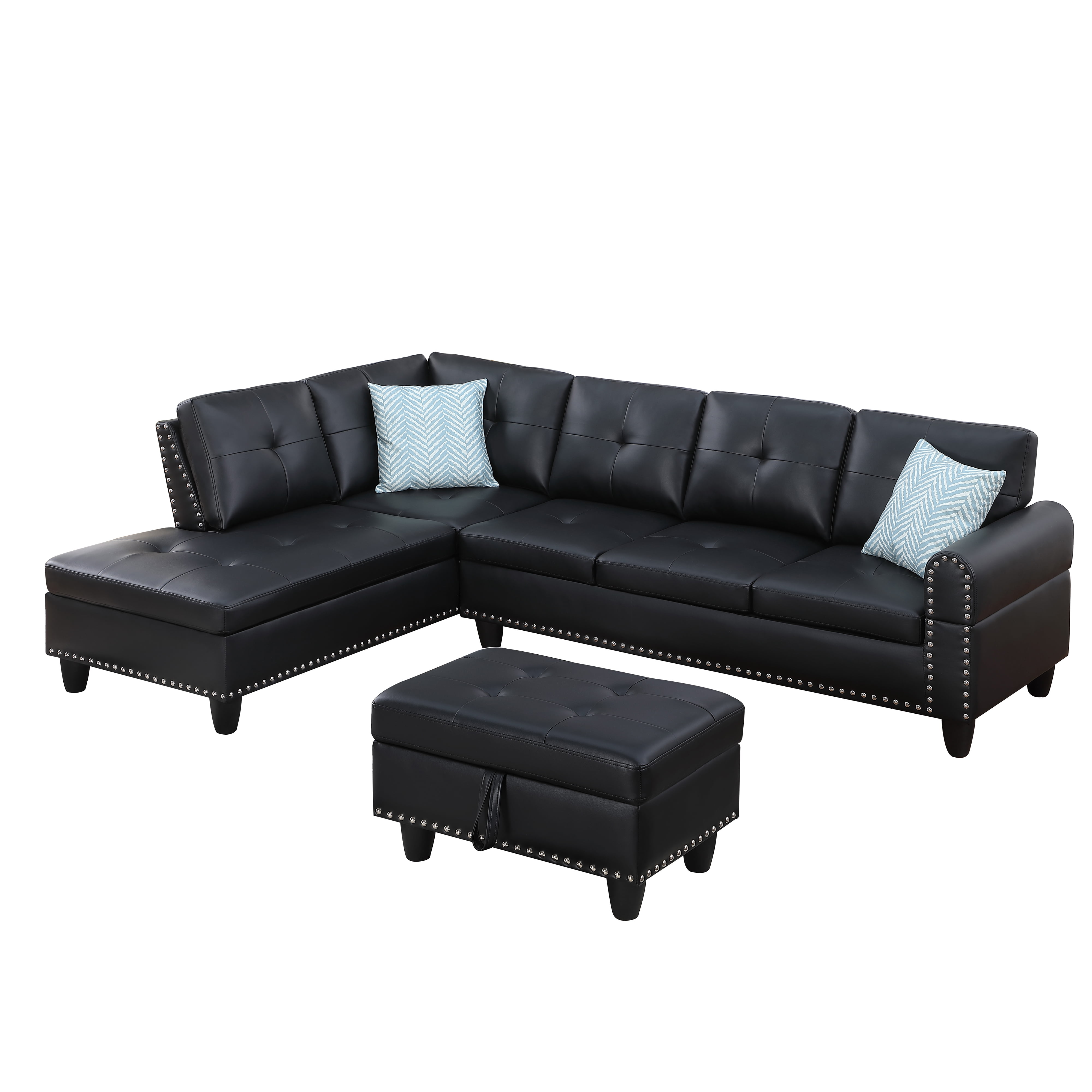 Gewnee 3-Piece L-Shaped Sectional Sofa with Chaise, Storage Ottoman, Cup Holders, 4-Seat, Faux Leather,Black