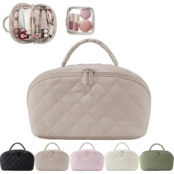 2026 New Travel Makeup Bag,Festivalment Wide Open Lay-Flat Water-Resistant Cosmetic Case,Puffy Padded Organizer for Toiletries & Brushes Large Capacity with Compartments