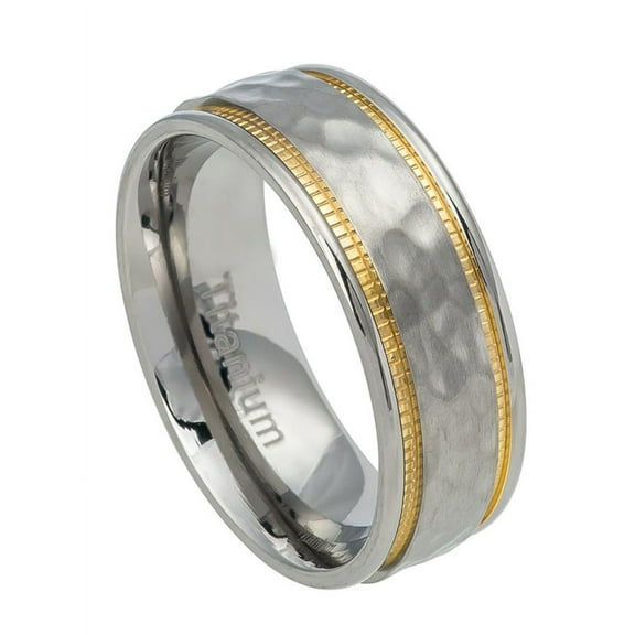 7.5mm Titanium Yellow IP Hammered Center Milgrain Grooves Wedding Band Ring For Men Or Ladies