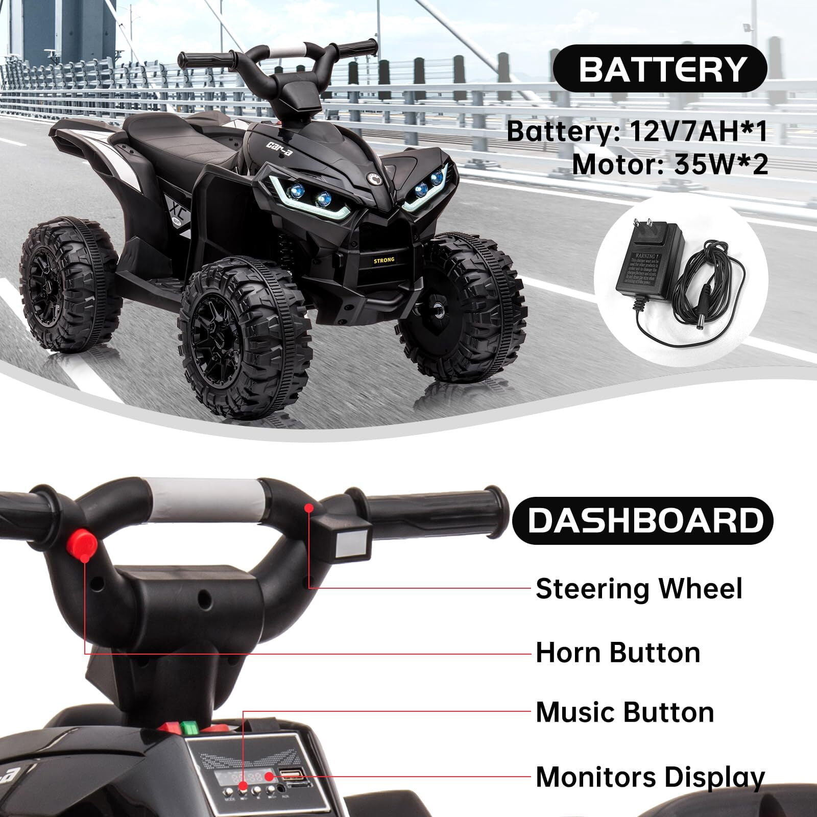 Kids 12V Kids Ride-On Electric ATV with 2 Seater,4 Wheeler Quad Car Toy Electric Vehicle with Music,LED Lights, High/Low Speed,2.1mph Max Speed,Battery Powered Wheels Car for Kids 3-8 Years Old