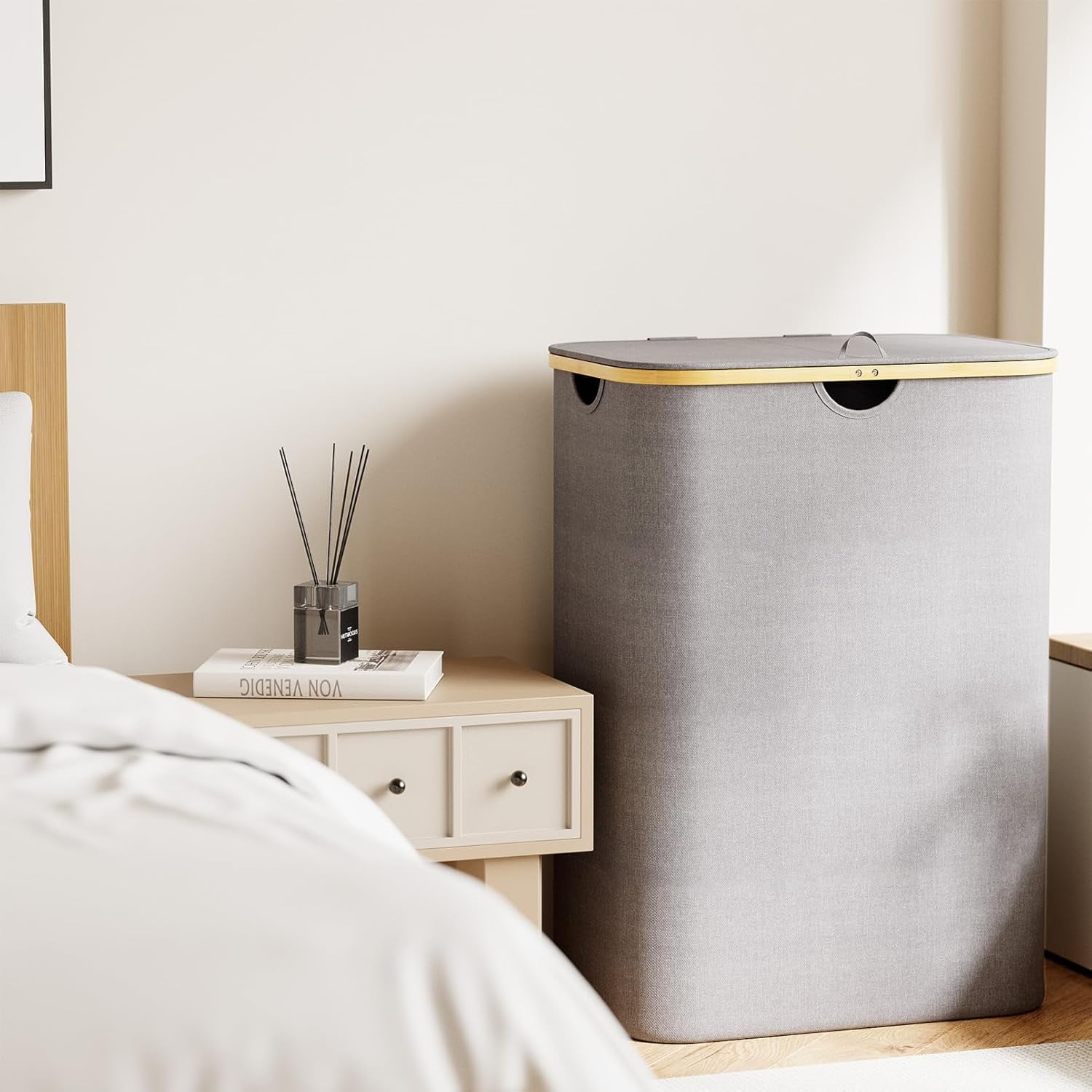SpaceAid Double Laundry Hamper 2 Section with Lid and Removable Laundry Bags, 160L Clothes Basket, Grey