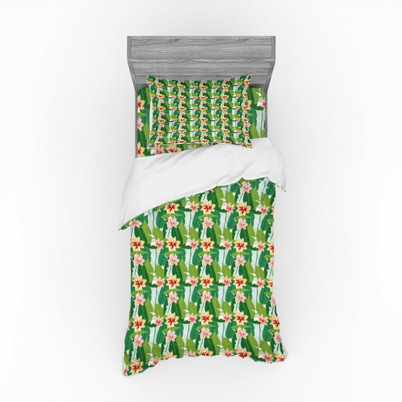 Ambesonne Floral Bedding Set 3 Pcs, Exotic Hawaiian Botanic, Twin, Multicolor