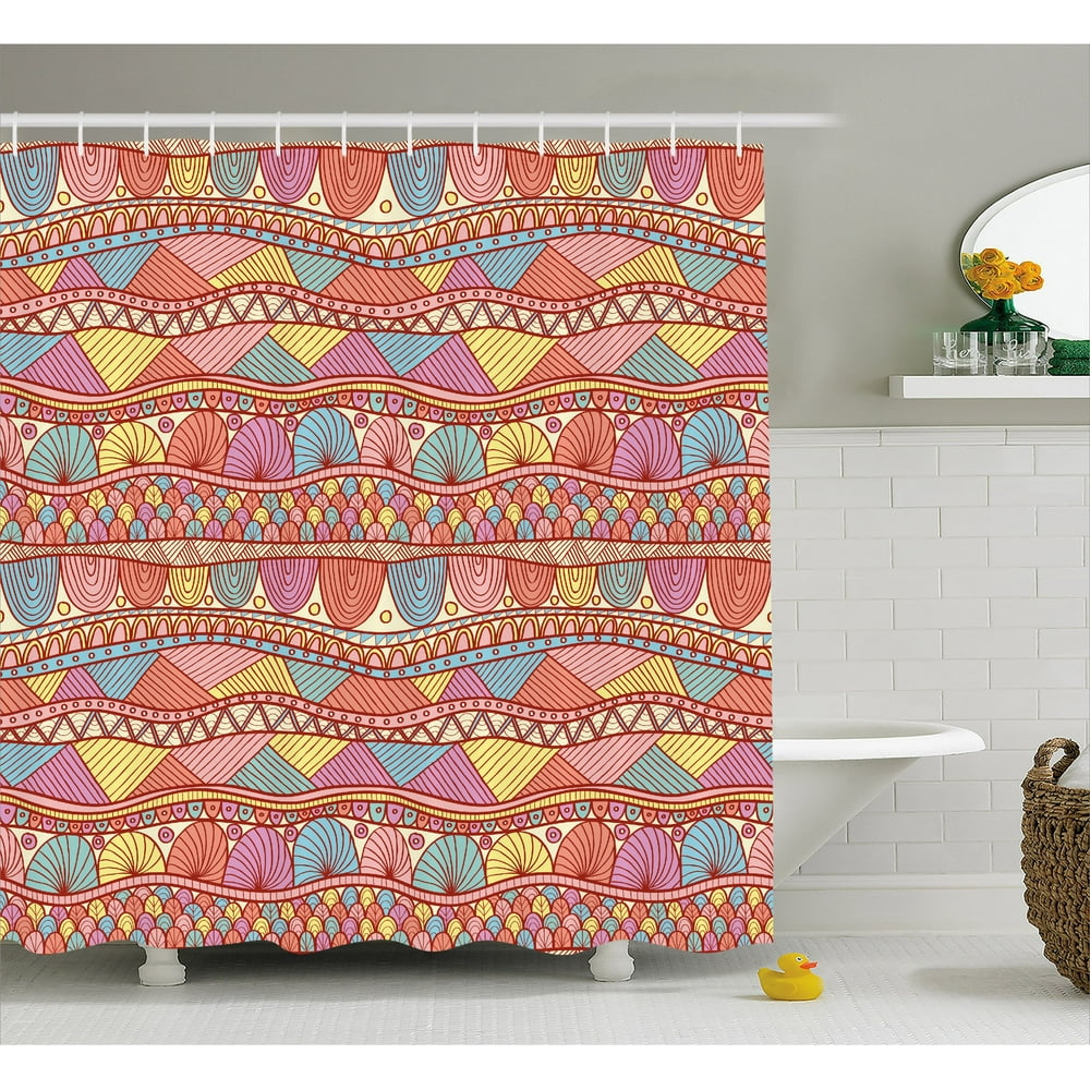 Indian Shower Curtain, Colorful Ethnic Henna Style Asian Pattern Swirls