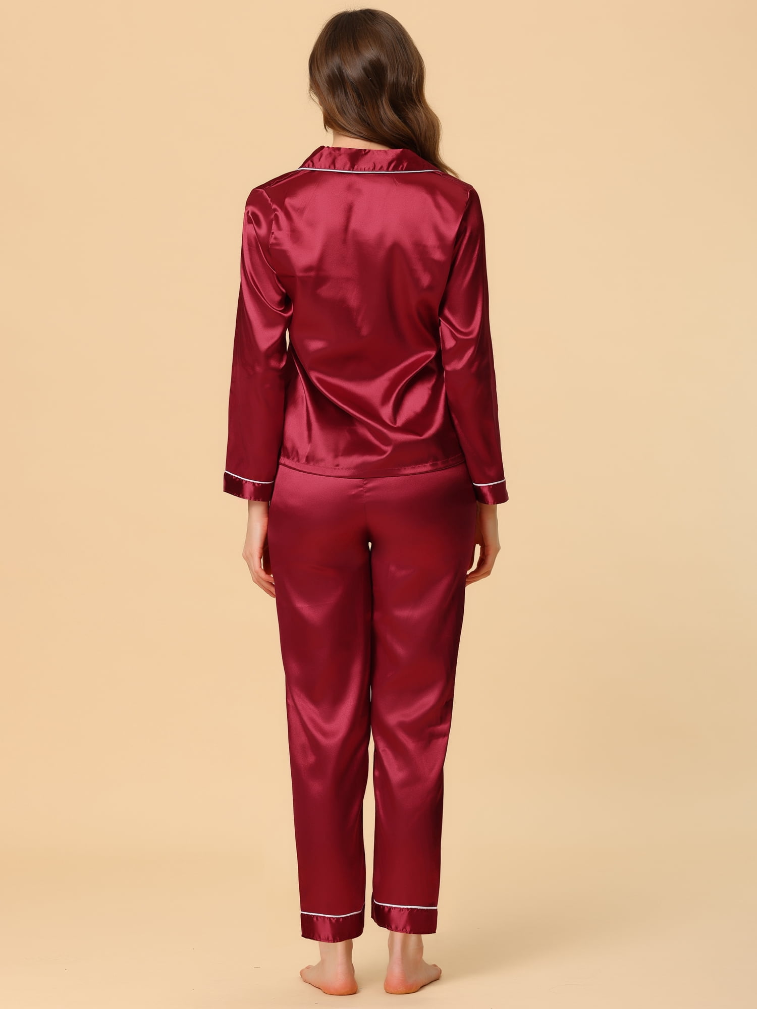 Unique Bargains Women's Satin 2pc Loungewear Button Down Silky Pajama Sleepwear Sets