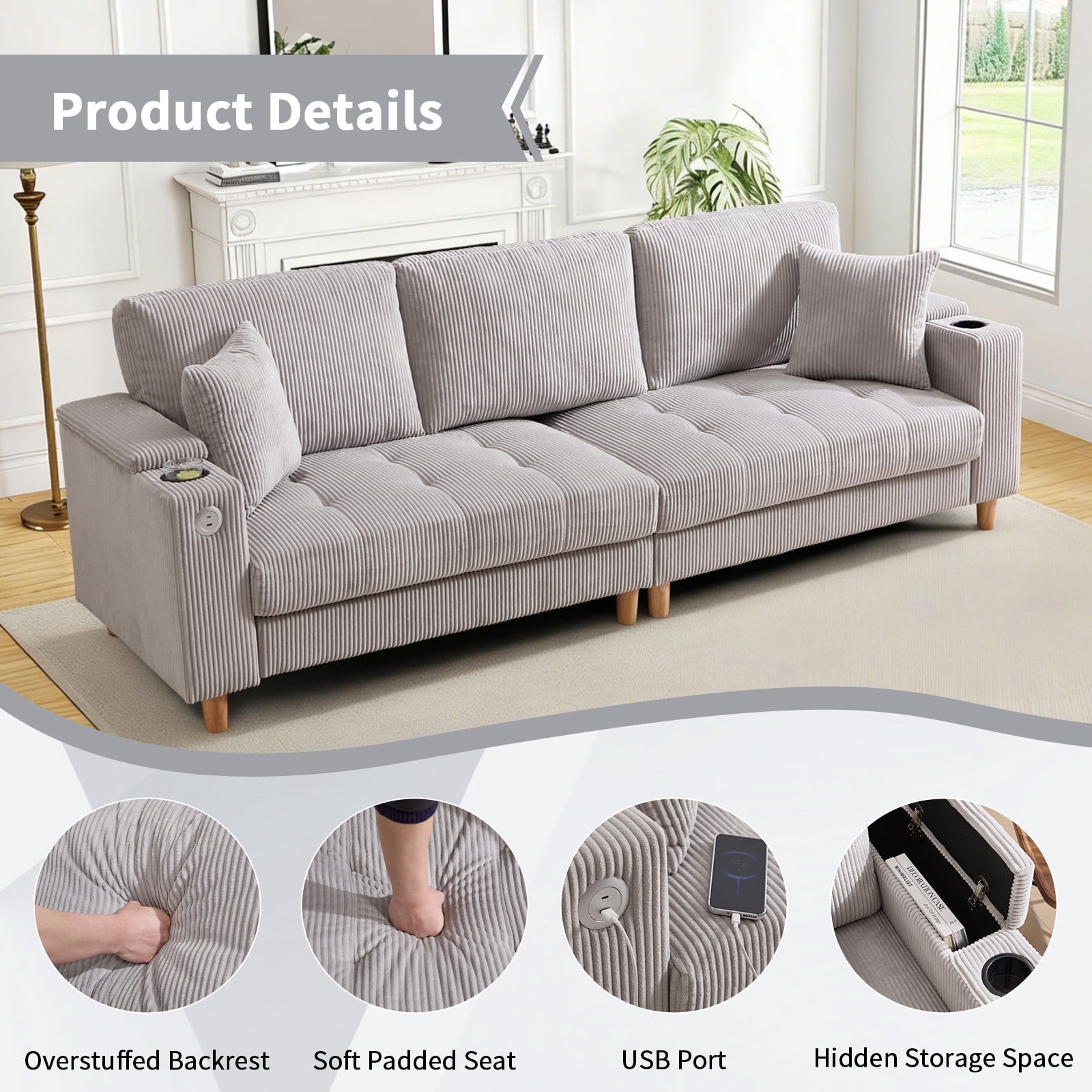 Bonzy Home 100 inch Modern Corduroy 3-Seater Sofa, Oversized Comfy Couch with USB Charging Port, Hidden Storage, Overstuffed Backrest & Throw Pillows, Gray