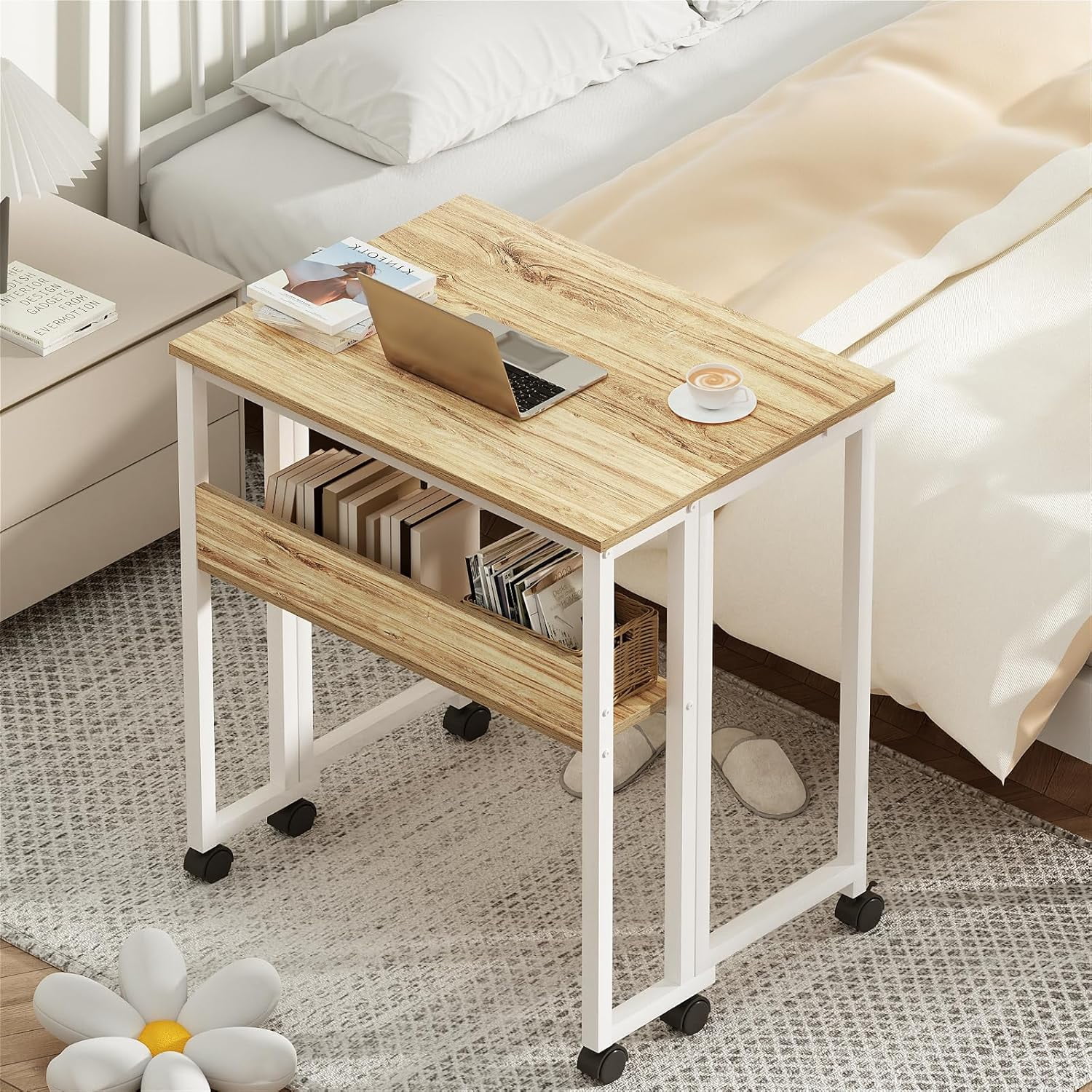 Compact Mobile Computer Desk, Rolling Laptop Table with Storage, Space-Saving Study Desk for Home Office, Taupe Wood