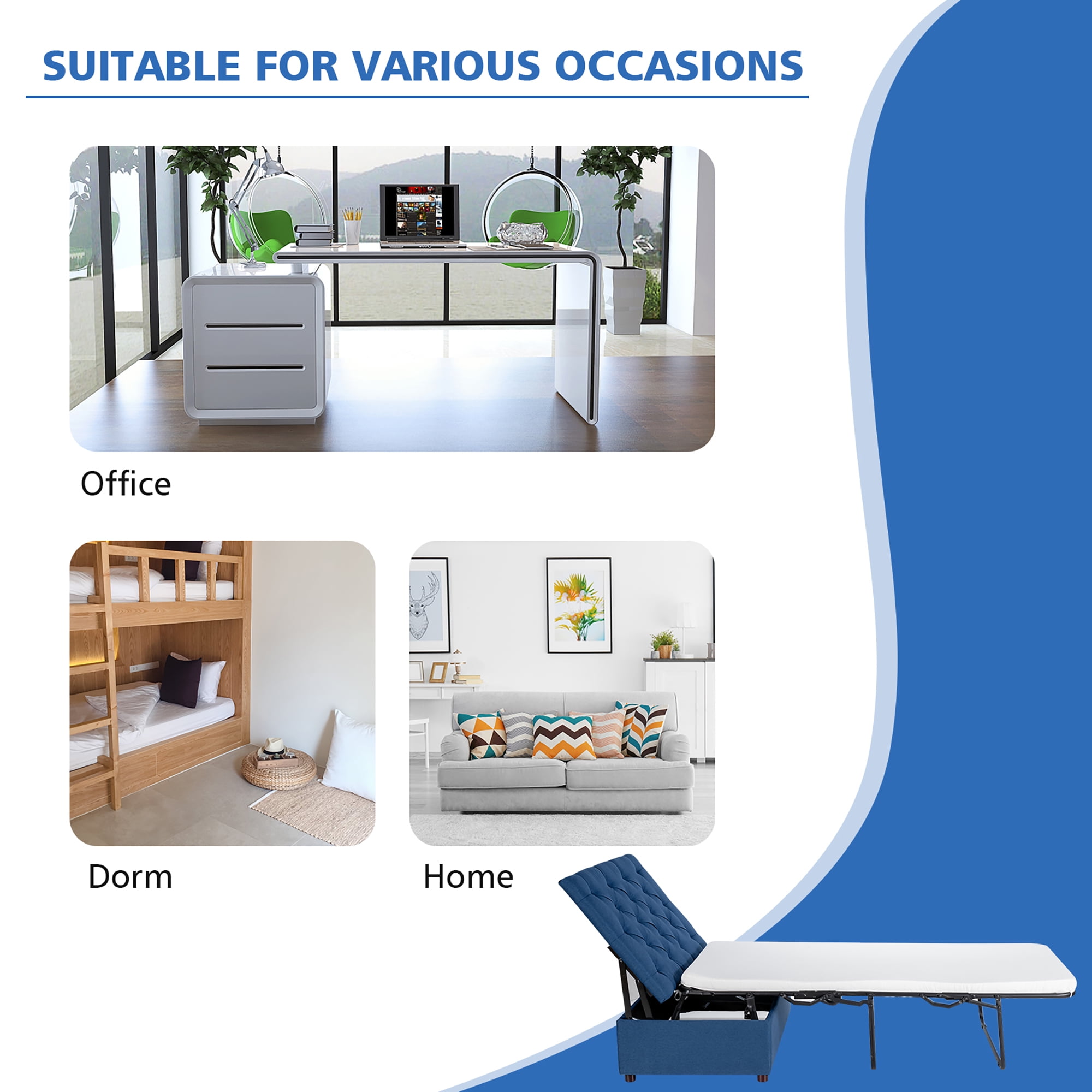 Costway Folding Ottoman Sleeper Bed with Mattress Convertible Guest Bed Blue