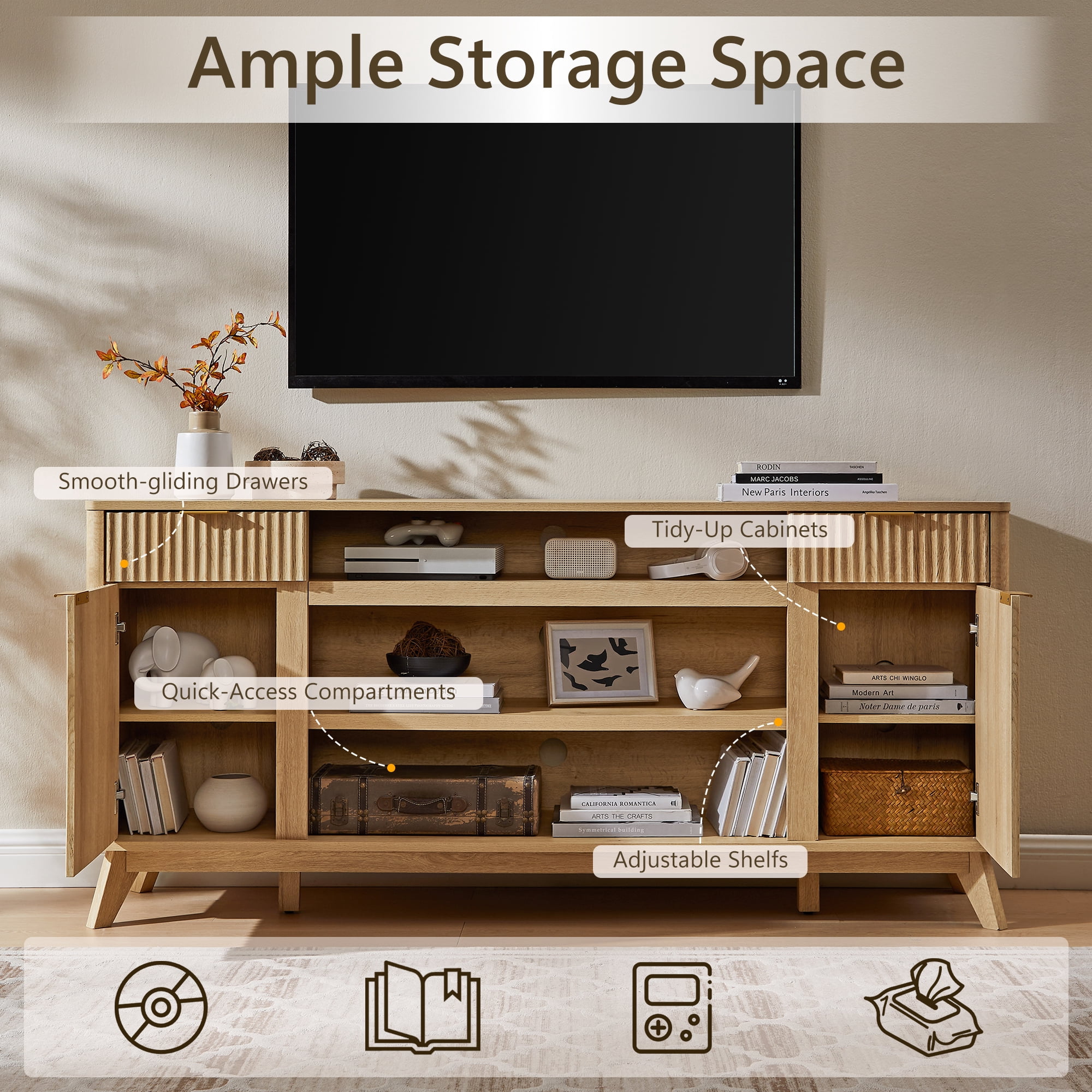 KeyWhat 70" Mid-Century Modern TV Stand for 75" TV, Fluted Doors, Drawers & Adjustable Shelves