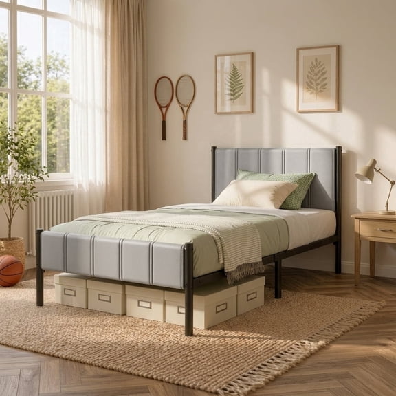LEDREM Twin Size Metal Bed Frame with Upholstered Headboard and Footboard, 12.4-Inch Underbed Clearance, 550 lb Capacity, Easy Assembly, Dove Gray