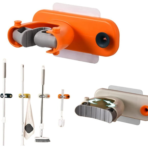 Bathroom Tool Storage Rack, Broom Holder, Sturdy Broom Holder Wall Mount, Broom Gripper Holds Self Adhesive No Drilling Super Anti-Slip Dustpan Hanger for Home, Kitchen, Garden, Bathroom (Orange)